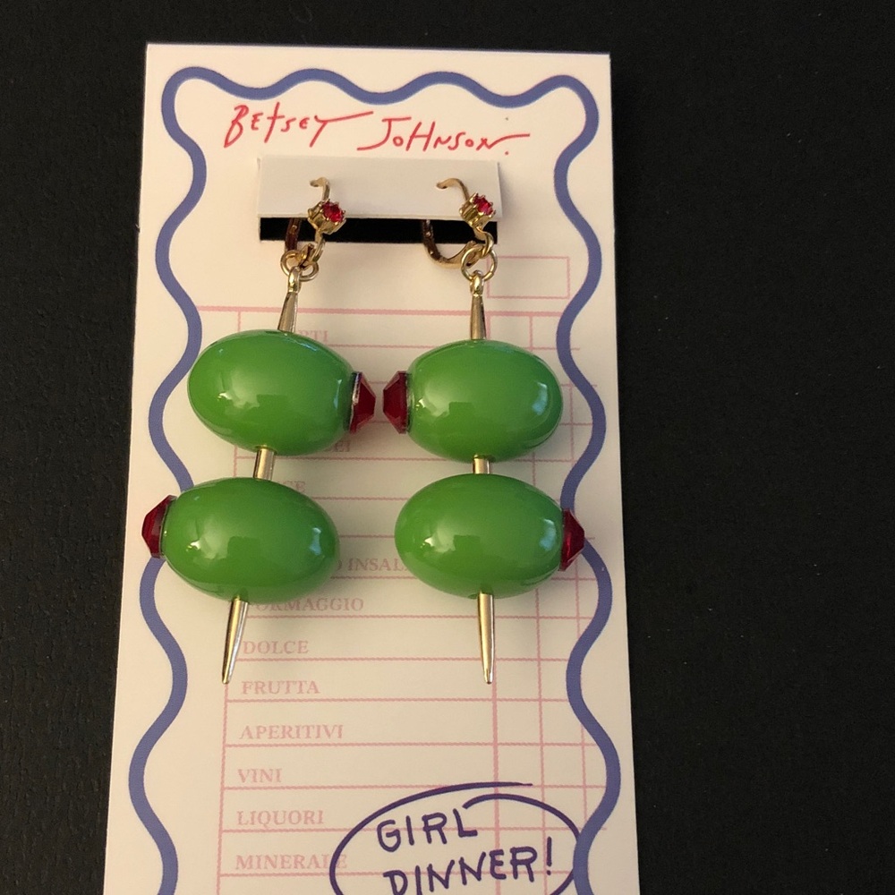 Betsey Johnson Girl Dinner Toothpick & Double Olive Drop Earrings Crystal NWT